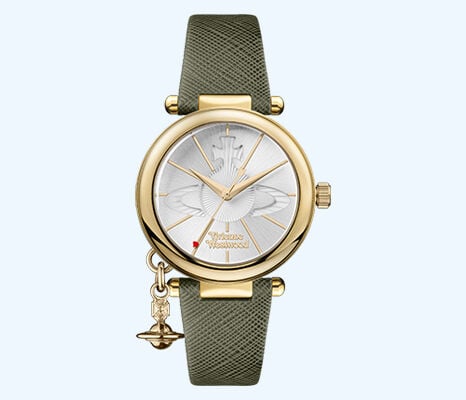 Vivienne Westwood Orb watch with gold case and olive-green leather strap, featuring signature orb charm detail.